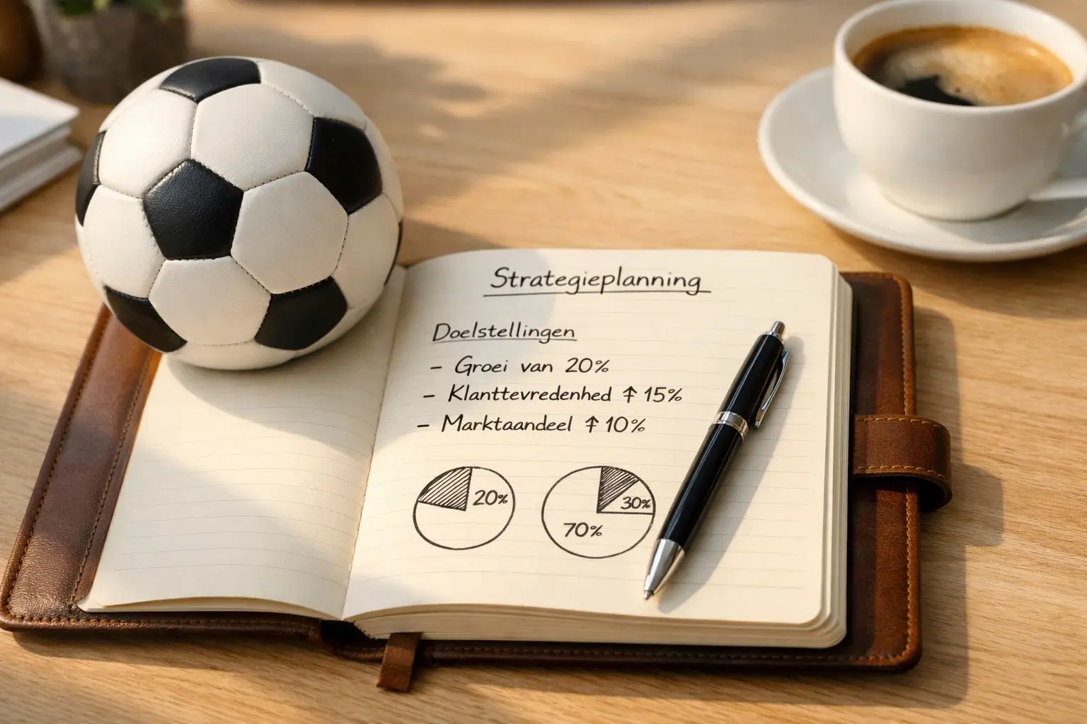 Notitieboek met wedstrategie en voetbal op bureau