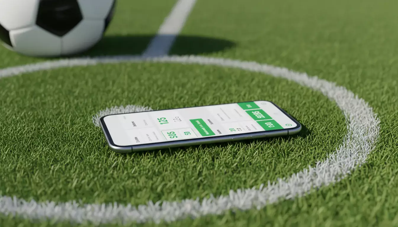Smartphone met voetbalweddenschap app op groen grasveld