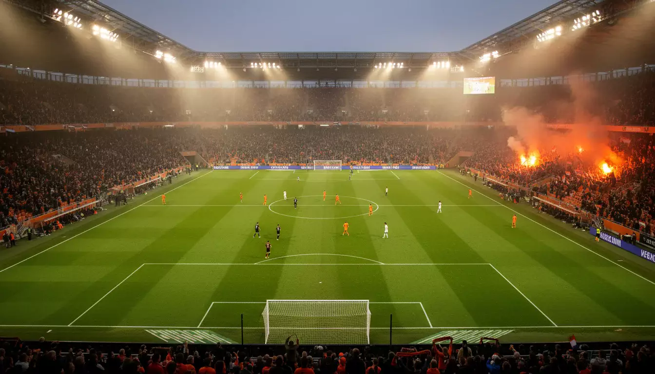 Voetbalstadion met sfeervolle verlichting en Nederlandse fans